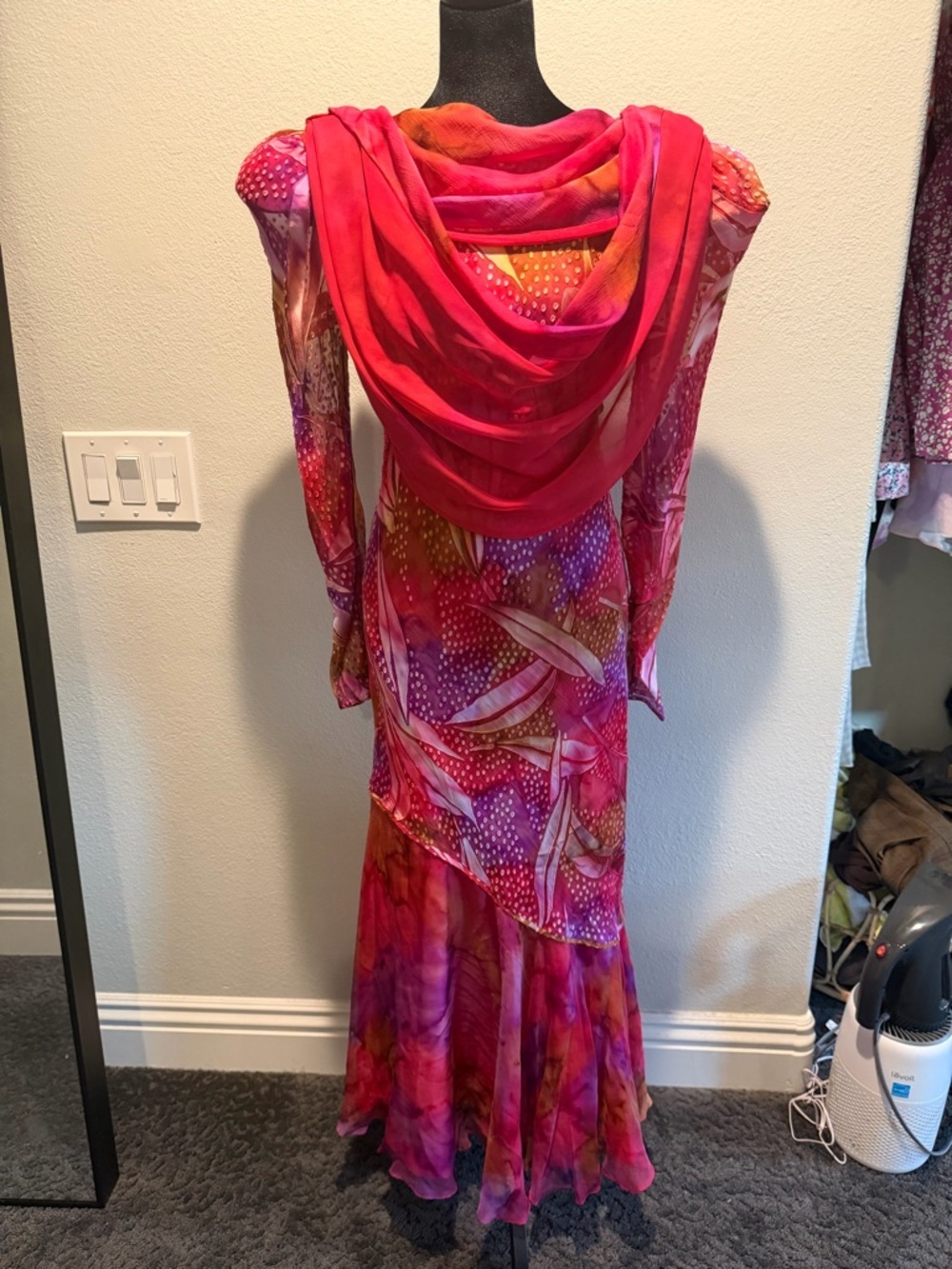 Vintage Judy Hornby Couture Pink & Purple Printed Maxi Dress with Draped Scarf